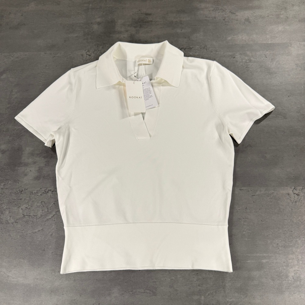 Kookai Mayfair Polo Top Women M 38 White Short Sleeve V-Neck NEW $105